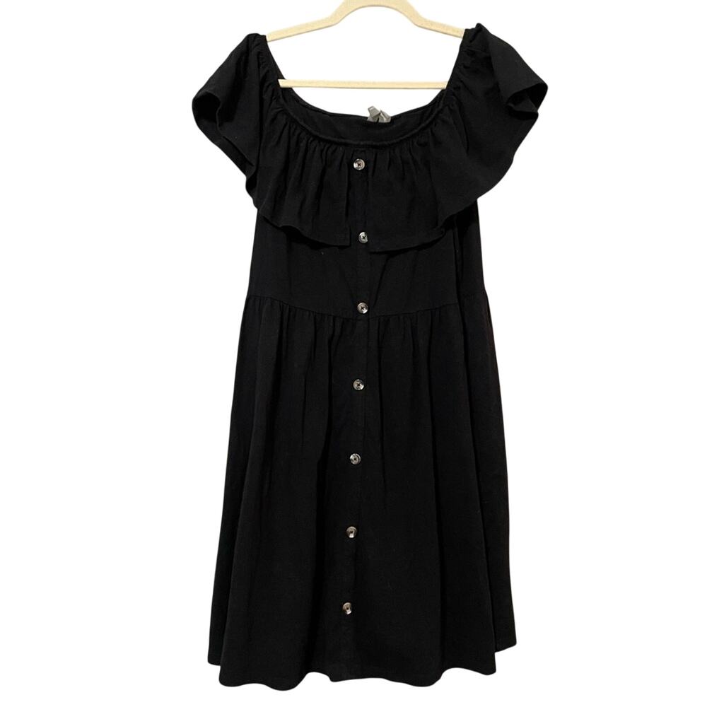 ASOS Black Ruffled Shoulder Knee Length Dress Womens 14 Whimsigoth Buttons